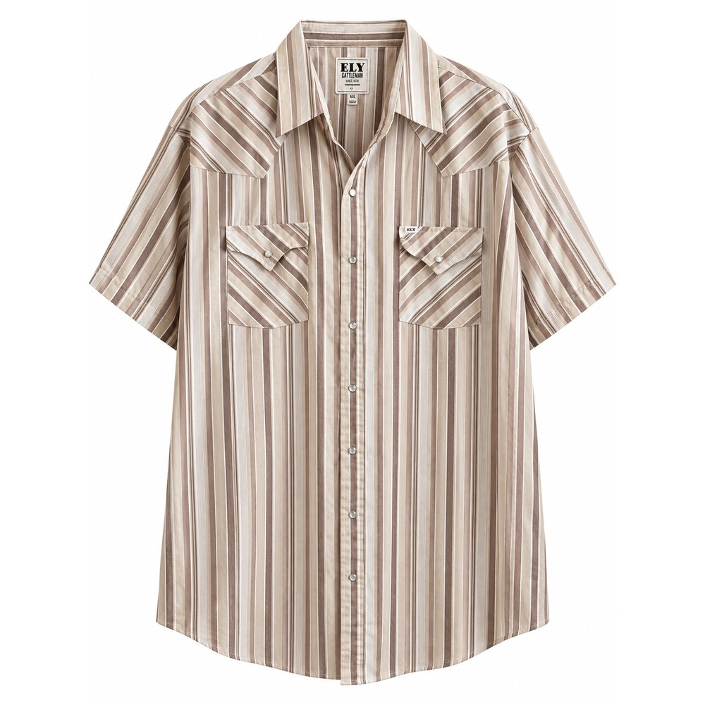 ELY Cattleman Men's XXL Western Shirt Tan Brown Striped Pearl Snap Short Sleeve